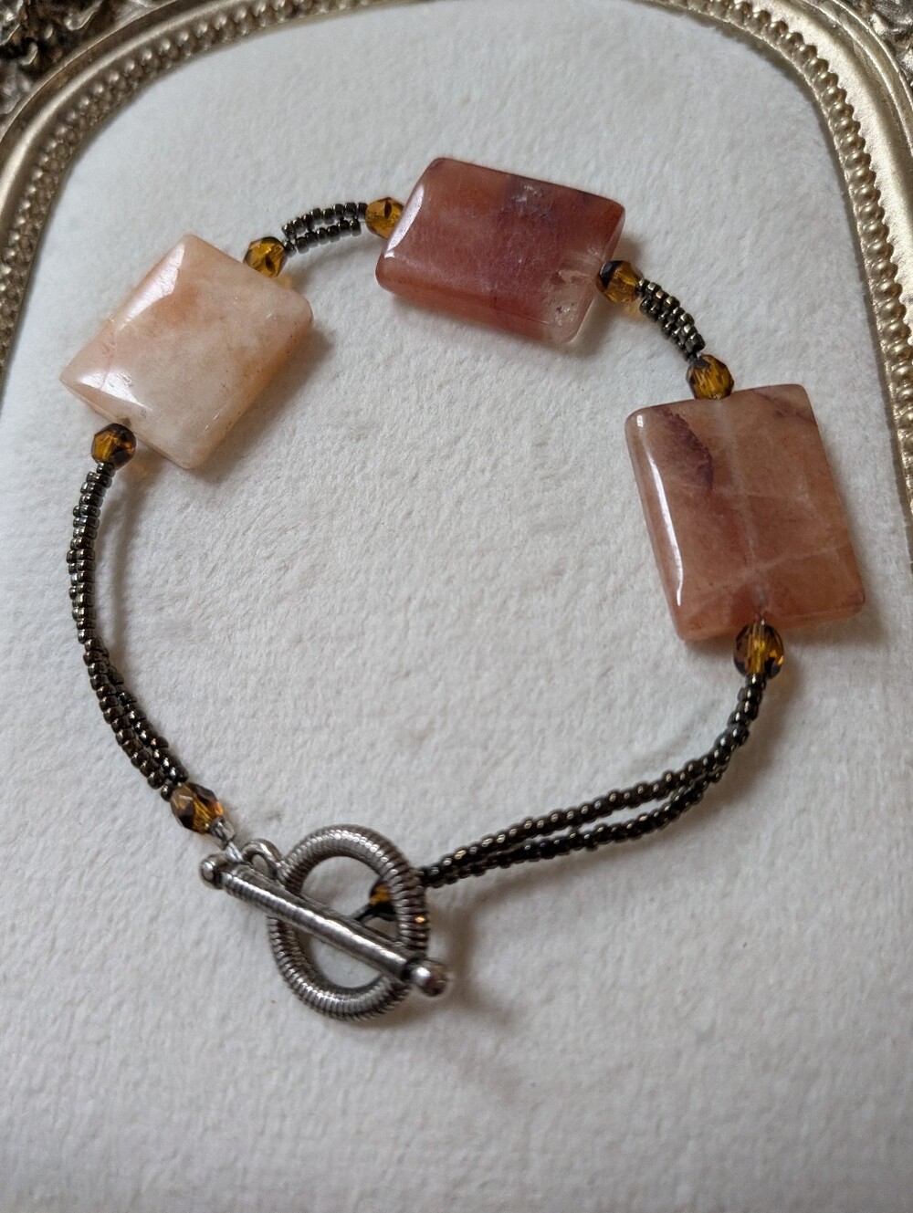Peach Sunstone & Seed Bead Toggle Bracelet